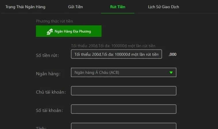 Giao diện rút tiền JBO
